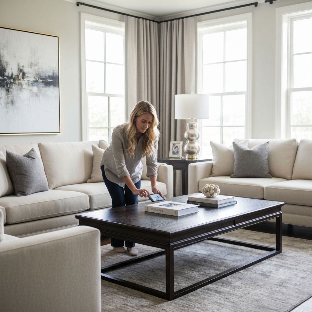 Woman using BundleBox app to scan living room items